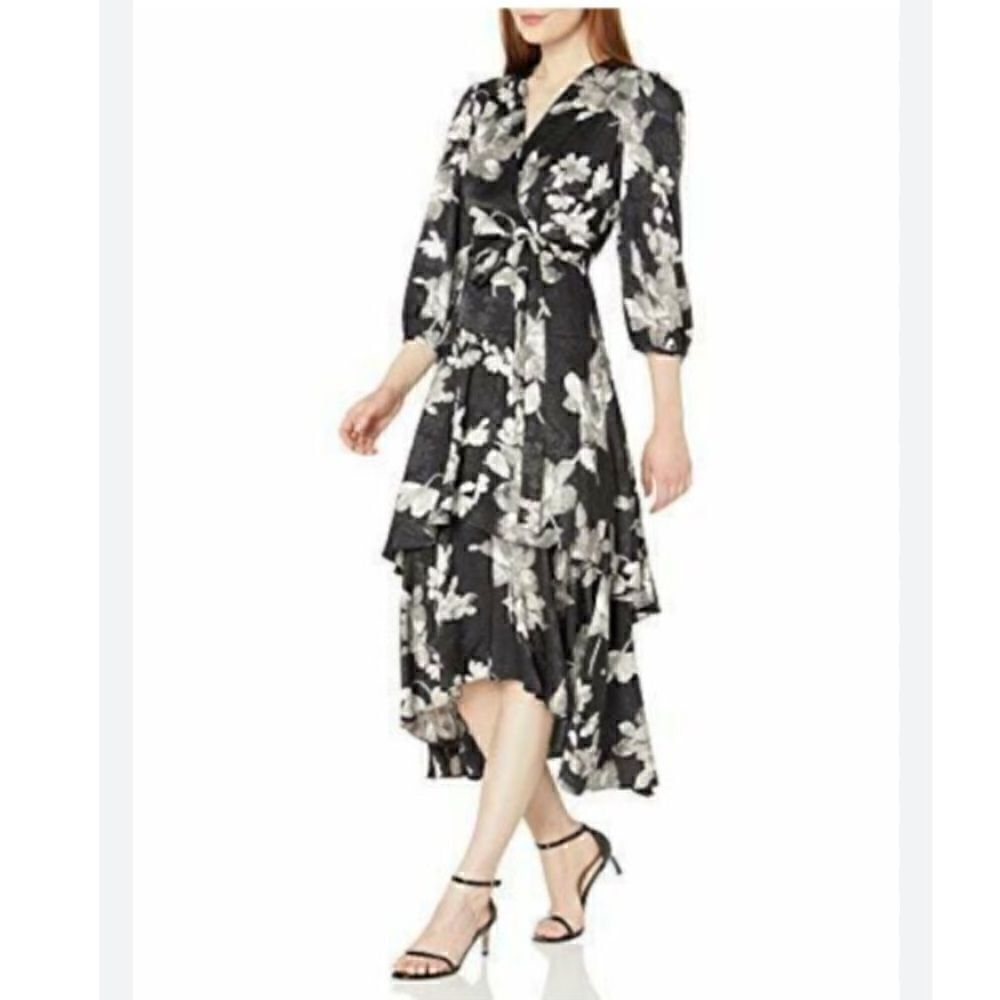 Calvin Klein 3/4 Sleeve Floral Ruffle High Low Long Sleeve Dress